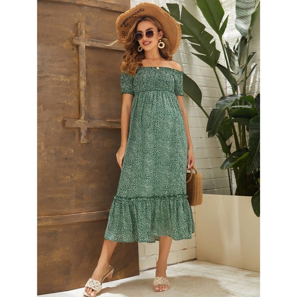 MATERNITY floral Print Off Shoulder Shirred Split Thigh midi Dress green - Picture 3 of 5
